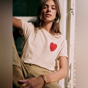 Sezane Cream Short Sleeve Tee with Red Heart